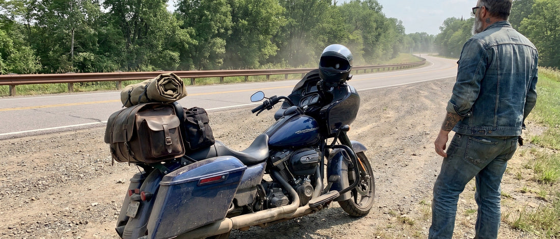 Harley Road Glide loaded for a long haul to Laconia Motorcycle Week, parked at a roadside pull-off in New Hampshire
