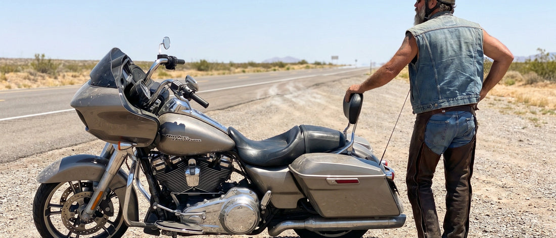 Rider standing beside parked Harley Road Glide at a roadside pull-off, stretching after a long motorcycle ride