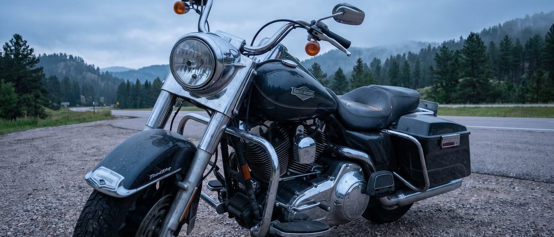 Seat covers for Harley Davidson motorcycles guide: Road King parked at a gravel Black Hills overlook at dawn